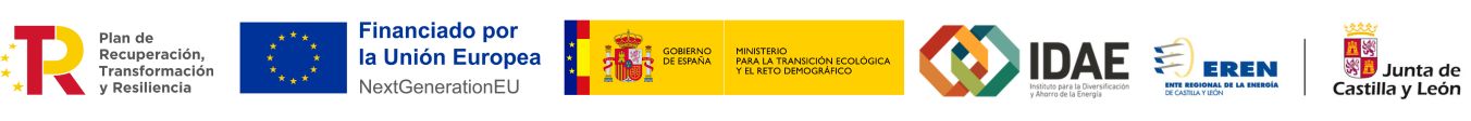 Logotipos de: Plan de Recuperación, Transformación y Resiliencia; Financiado por la Unión Europea; Ministerio para la Transición ecológica y el reto Demográfico; IDAE (Instituto para la Diversificación y Ahorro de la Energía; EREN (Ente Regional de la Energía de CyL); Junta de Castilla y León